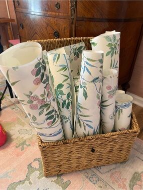 Botanical Floral Wallpaper Roll Set in White, Green & Pink Thibaut Claire